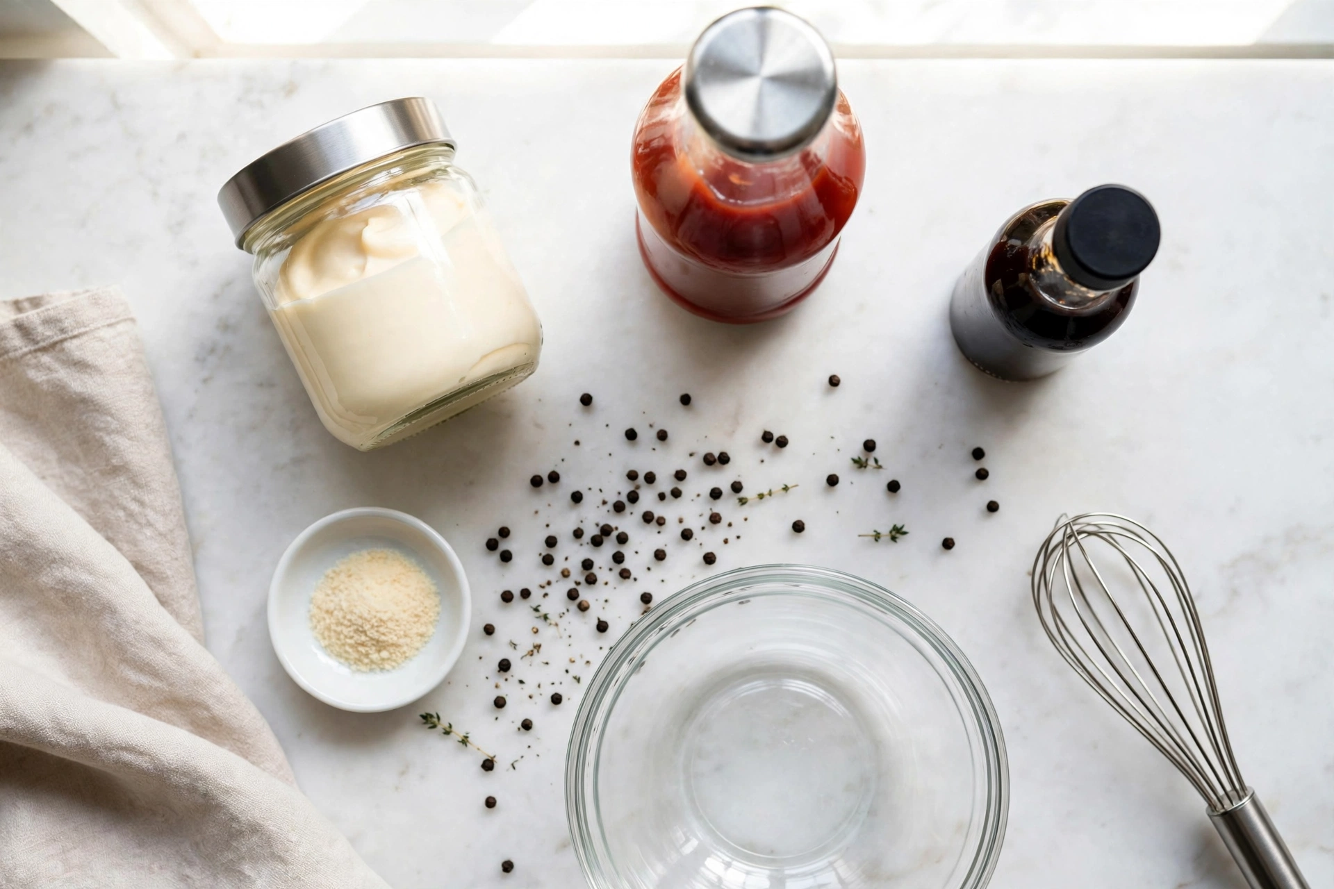 Raising Cane's sauce ingredients — mayonnaise, ketchup, Worcestershire sauce, garlic powder and black peppercorns