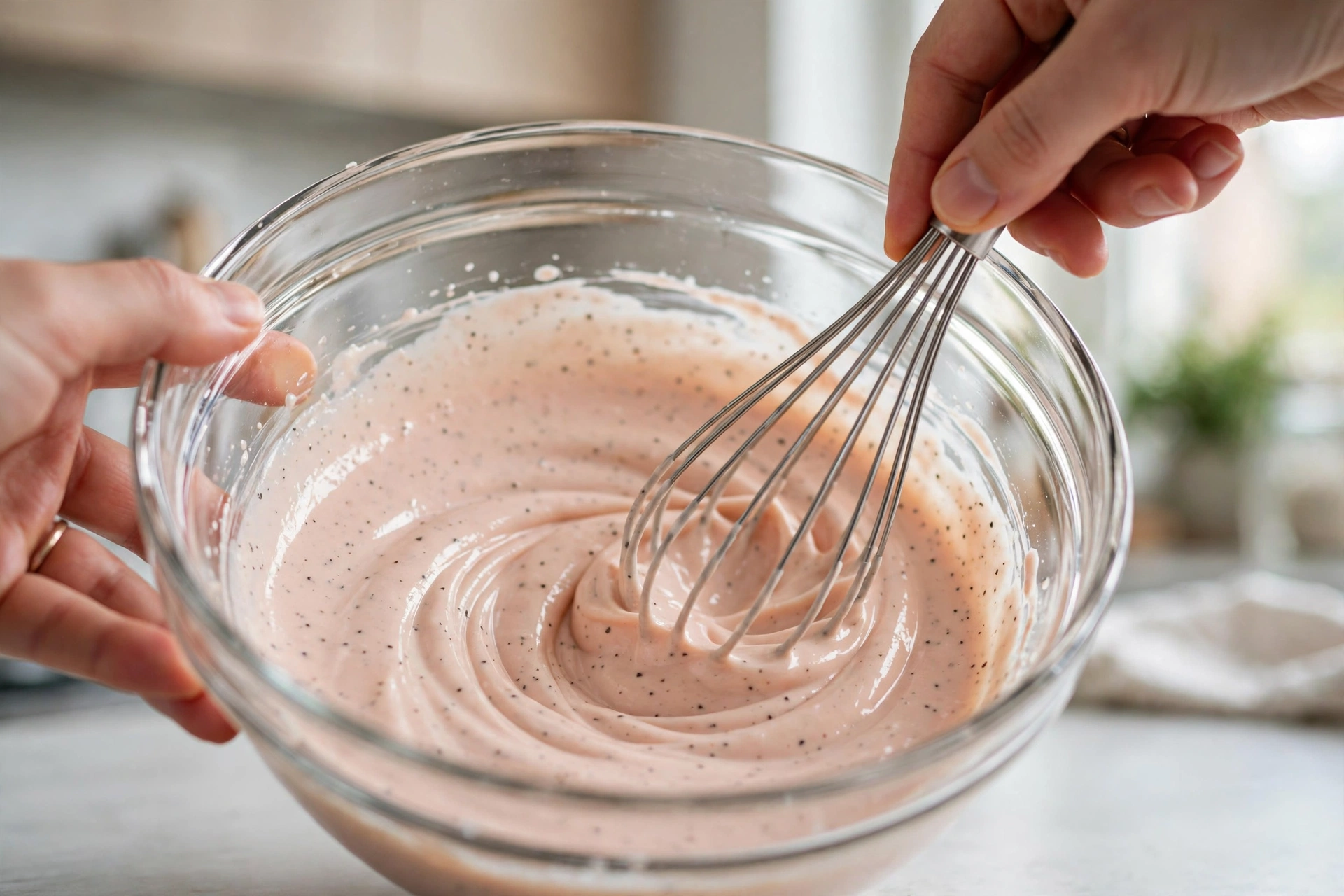 Whisking homemade Raising Cane's sauce in a glass bowl until smooth and creamy
